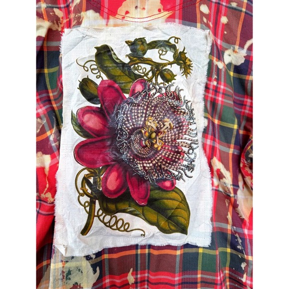 liz wear Tops - Upcycled Floral Flannel Shirt Rayon Bleach Art Medium Boho